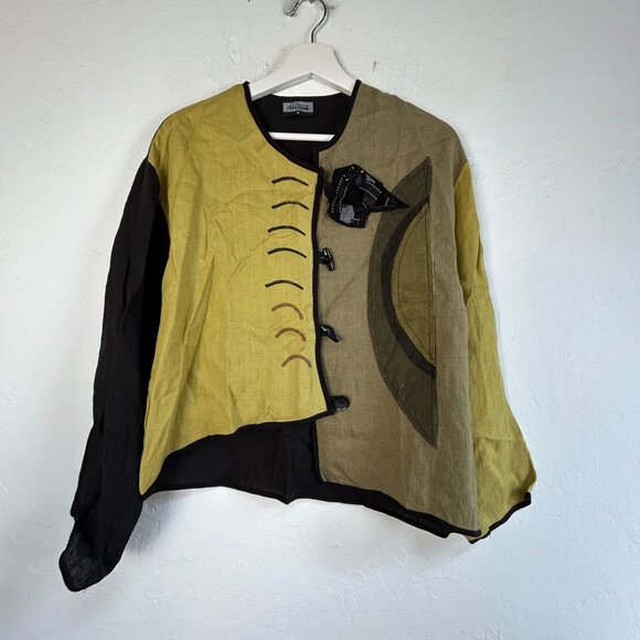 Alissa Artistic Asymmetric Linen Jacket Womens Small Yellow Black Art to Wear - Picture 1 of 7